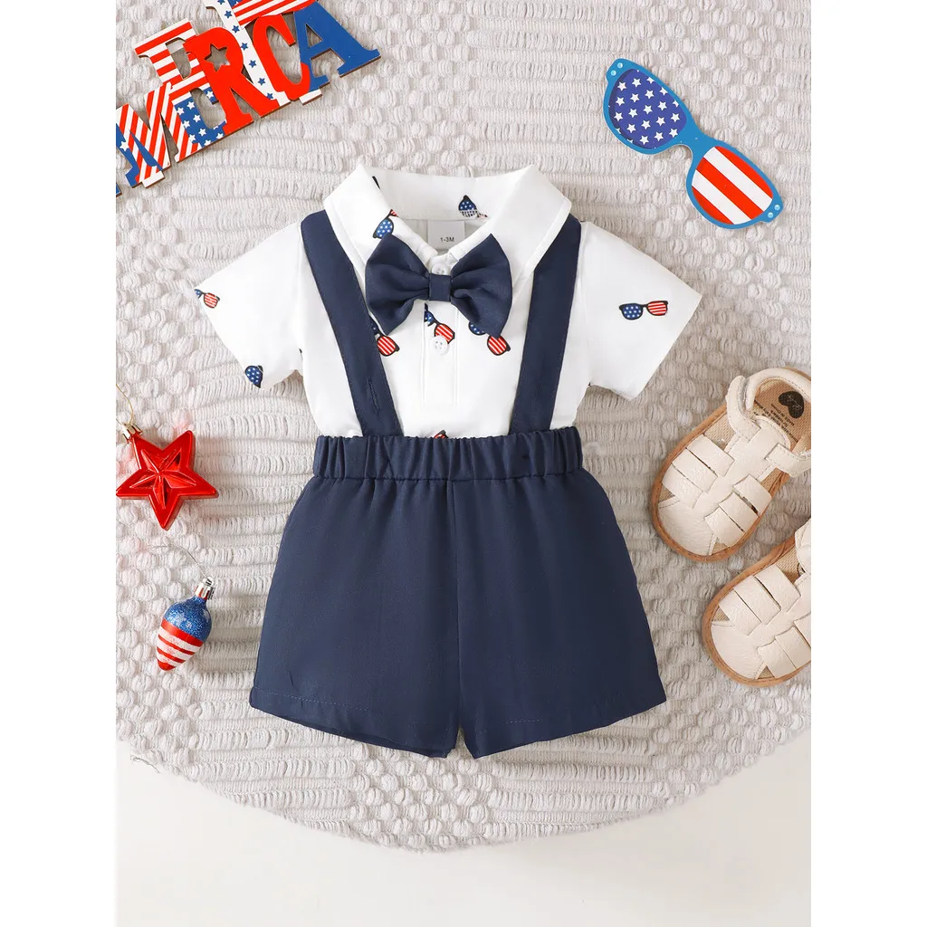 Set for 1-18Months Newborn&Infant Baby Boy Gentleman Pattern Print Paired with Dark Blue Camisole Set Summer&Autumn