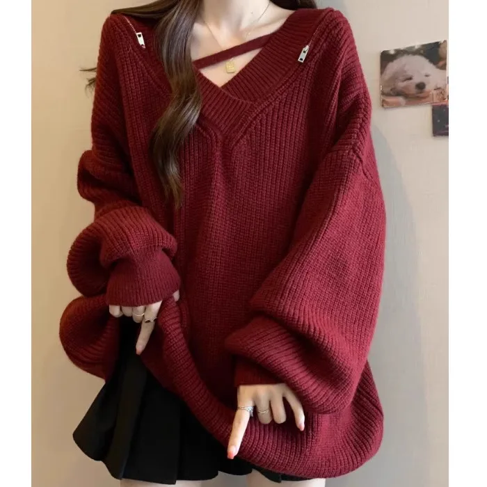 

Autumn Winter Large Size Unique Lazy Style V-Neck Sweater Women's Mid-Length Knitted Dress Set Casual Chic Fashionable
