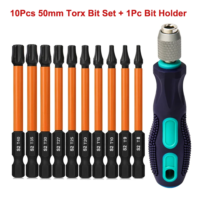 

11Pcs 50mm Screwdriver Set with Holder Magnetic Torx Bit Set 1/4 Inch Hex Shank Torx Star Impact Driver Bits