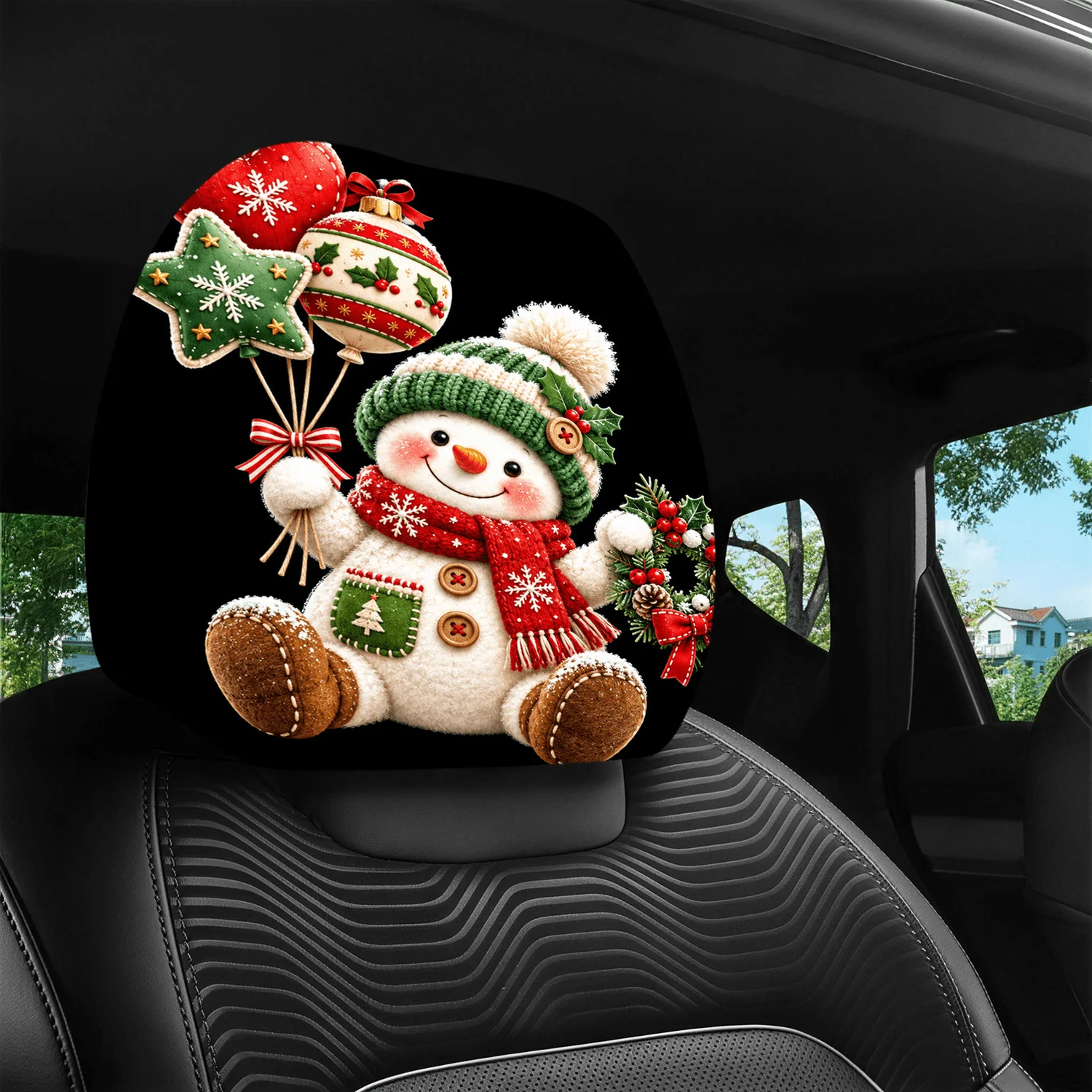 Christmas Snowman Car Headrest Covers 2pcs Universal Elastic Fit Interior Decor for Festive Driving