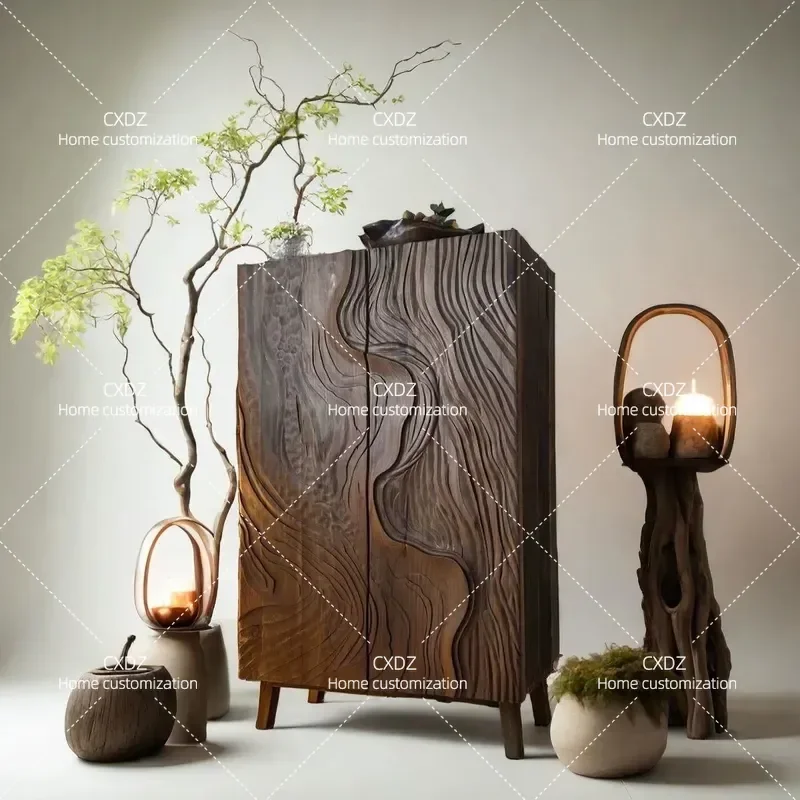 Wabi Sansan Retro Walnut Porch Cabinet  Chinese Homestay Living Room Home Cabinet Shoe Cabinet Engraving