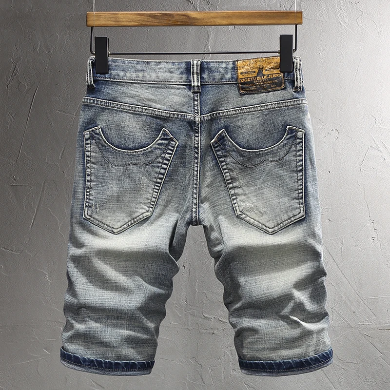 Summer Fashion Vintage Men Jeans Retro Blue Slim Fit Embroidery Patchwork Short Ripped Jeans Men Casual Denim Shorts Hombre