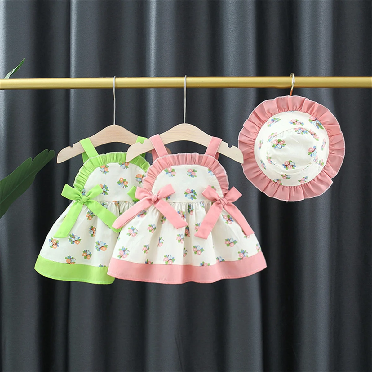 2-Piece Baby Princess Summer Dress+Lace Hat Baby Girl Lolita Bow Strap Flower Sweet Korean Version Skirt