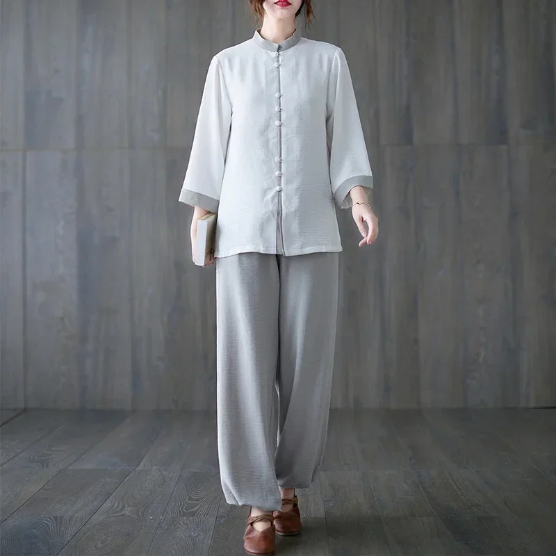 China Tai Chi Clothing Vintage Fashion Kung Fu Jacket Set Chinese Style Women's Clothing National Cotton Linen Tang Suit Suit image 2