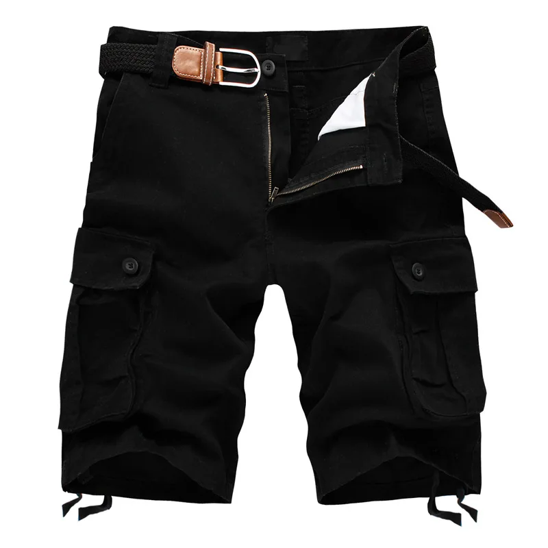 Summer Cotton Cargo Shorts Men Multi Pocket Solid Color Mens Casual Shorts Fashion Military Knee Length Short Pants No Belt