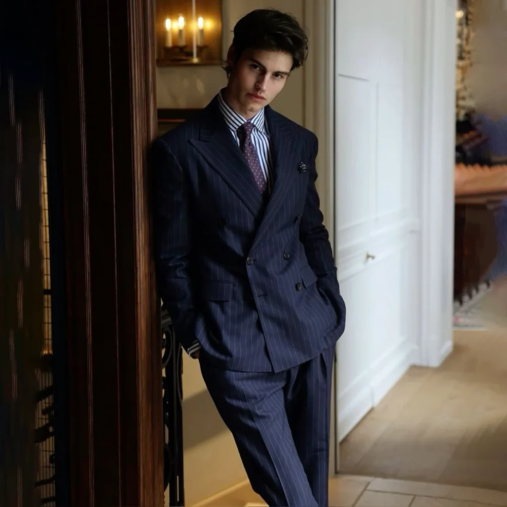 

Handsome Blue Stripes Men's Suit 2 Pieces Jacket Pants Dinner Party Tuxedo Business Casual Banquet Custom