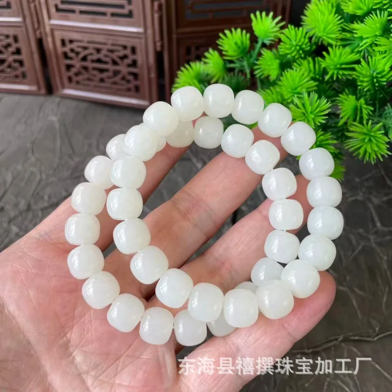 Natural Hetian Russian Vintage-Style Men And Women, White Jade Bead Bracelet, Single-St