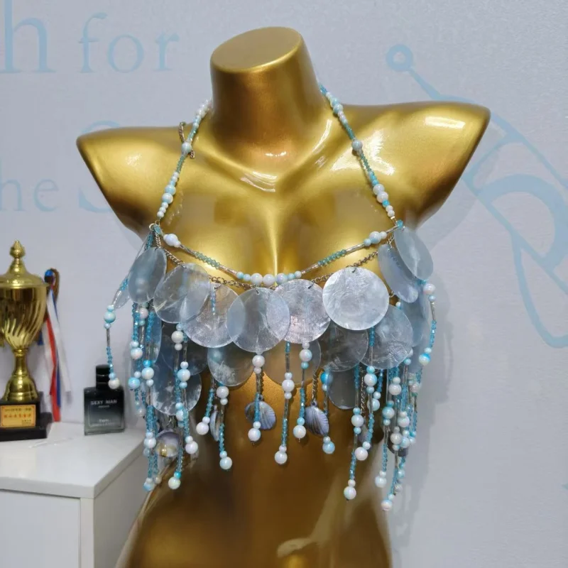 Handgefertigtes Funkelndes Meeresfeen-Top-Kostüm für Frauen, Bauchtanz-Outfit mit Grünen und Roten Perlen, Pailletten-Besetztes Oberteil, Rave-Outfit, Perlen-BH-Oberteil – Detail 13