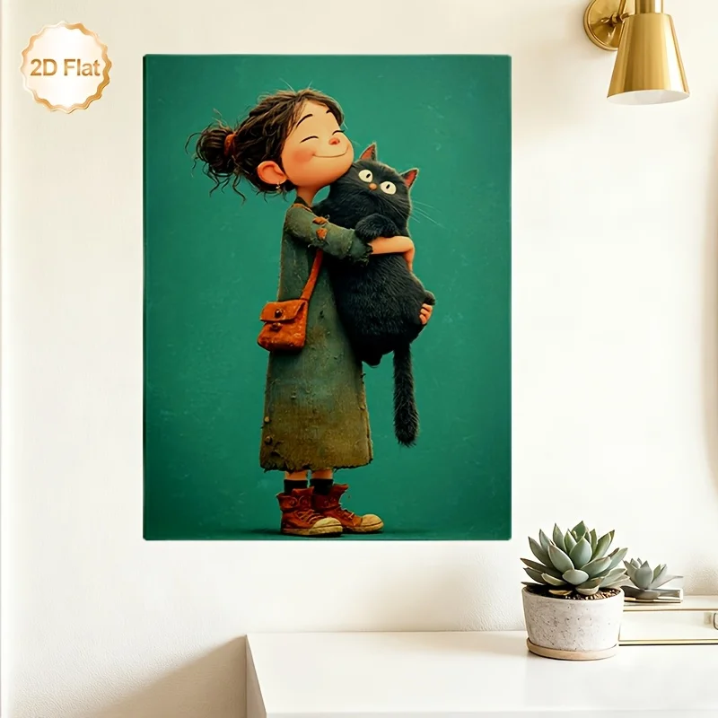 (No frame)2D Flat, 1pc Girl Hugging Black Cat Framed Canvas Painting - Modern Vertical Portrait Wall Art Suitable for Living