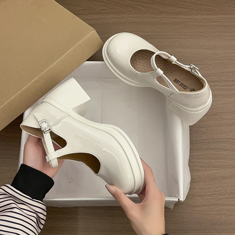 

2026 Spring New Glossy Platform Women's Block Heel Shows High Comfortable and Versatile Retro Shoes