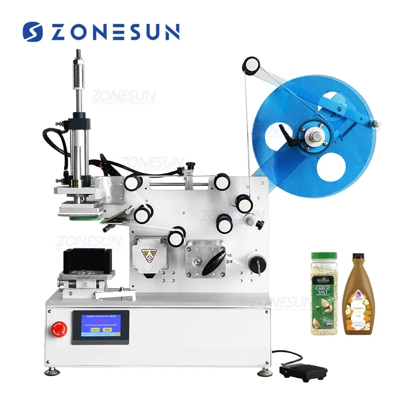 ZONESUN ZS-TB802 Semi-automatic Pneumatic PET Plastic Square Bottle Bucket Caps Paper Box Top Side Flat Surface Labeling Machine