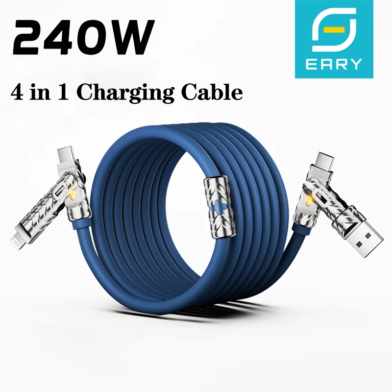 Eary 240W 4 in 1 Charging Cable USB A/C to C/Lightning with Light for iPhone 16e 15 14 Pro/MacBook Air 17/iPad/Samsung/Switch 2