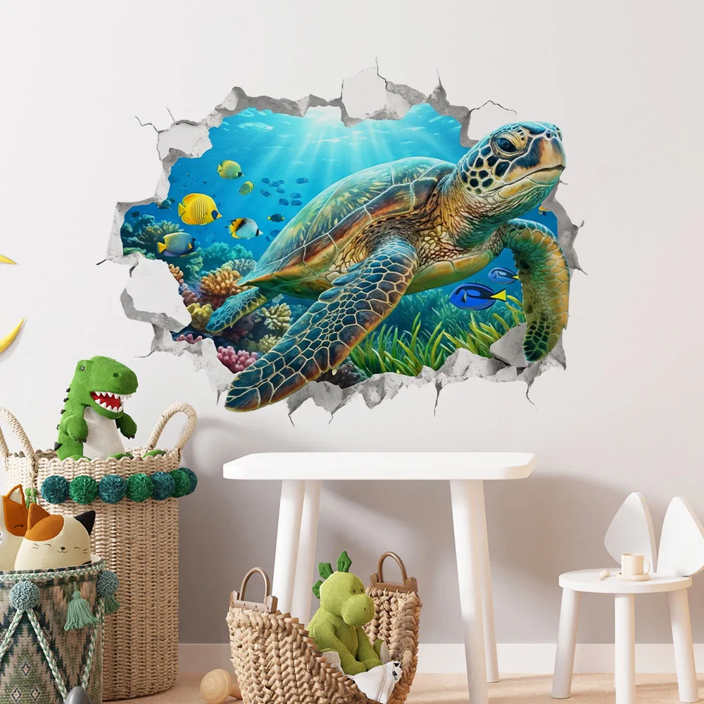 3D Meeresschildkröten-Wandaufkleber, Innovativer Unterwasser-Ozeanszenerie Abzieh- und Aufkleb-Wandsticker, Abnehmbare Vinyl-Kunst für Kinderzimmer