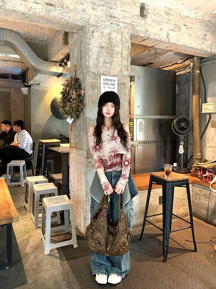 

New Slash Neck Printed Mesh T-shirts Women Spring Summer Sexy Slim Fit Y2k Crop Top Vintage Spicy Girl Long Sleeve Tees