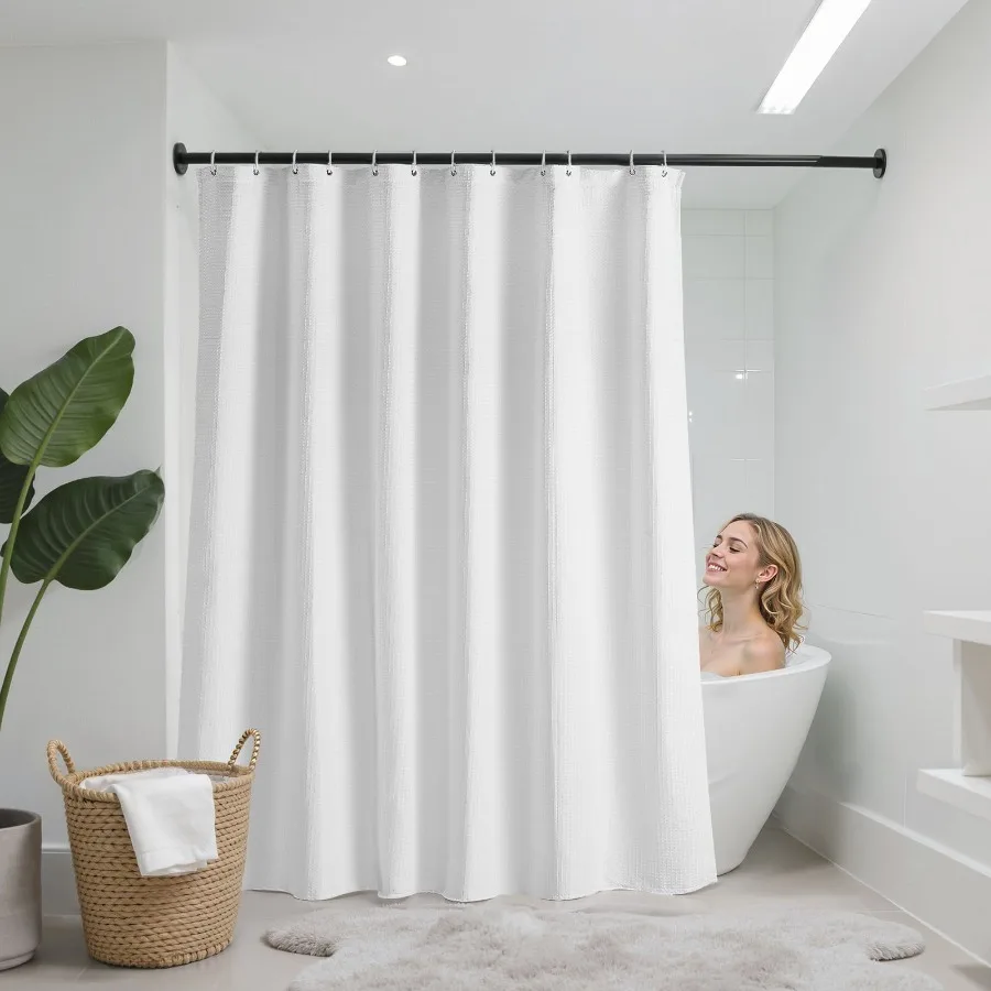 

White Fabric Shower Curtain, 240 GSM Weighted Waffle Shower Curtains, Polyester Curtain with Rust-Resistant Hooks, Machine