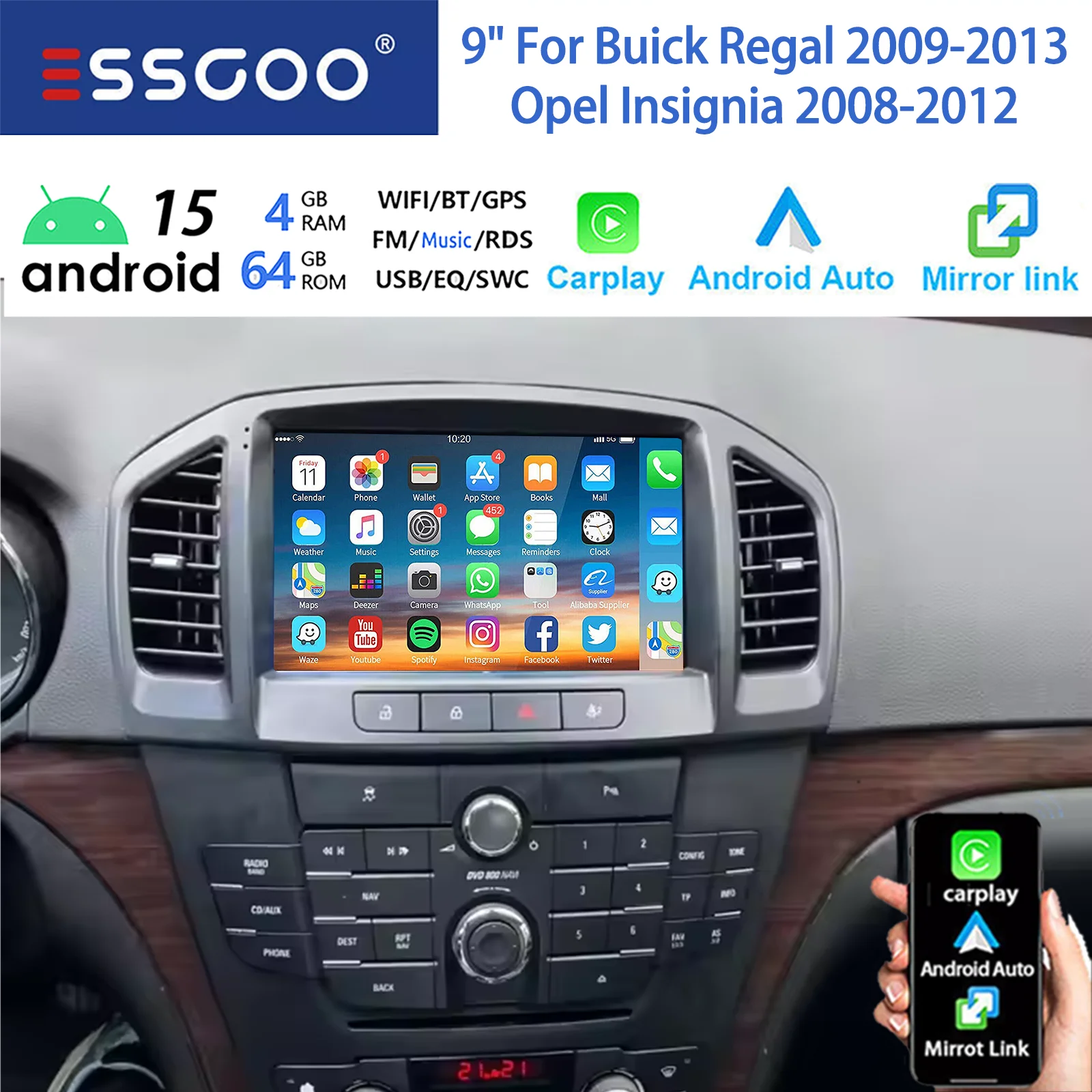 ESSGOO 9-Zoll Android 15 64G Wireless Carplay Android Auto für Buick Regal Opel Insignia 09-12 Autoradio GPS Navi BT WIFI RDS
