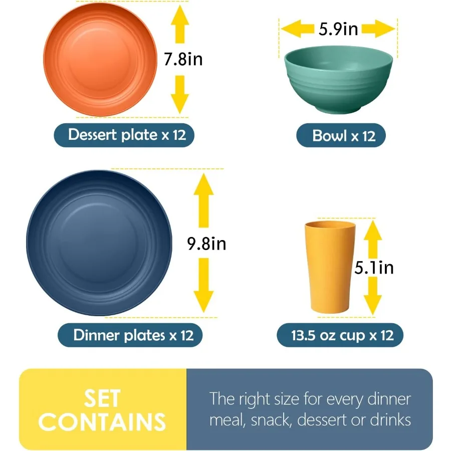 48Piece Kitchen Wheat Straw Dinnerware Set Service for 12 Dinner Plates Dessert Plate Cereal Bowls Cups Unbreakable Colorful Pl