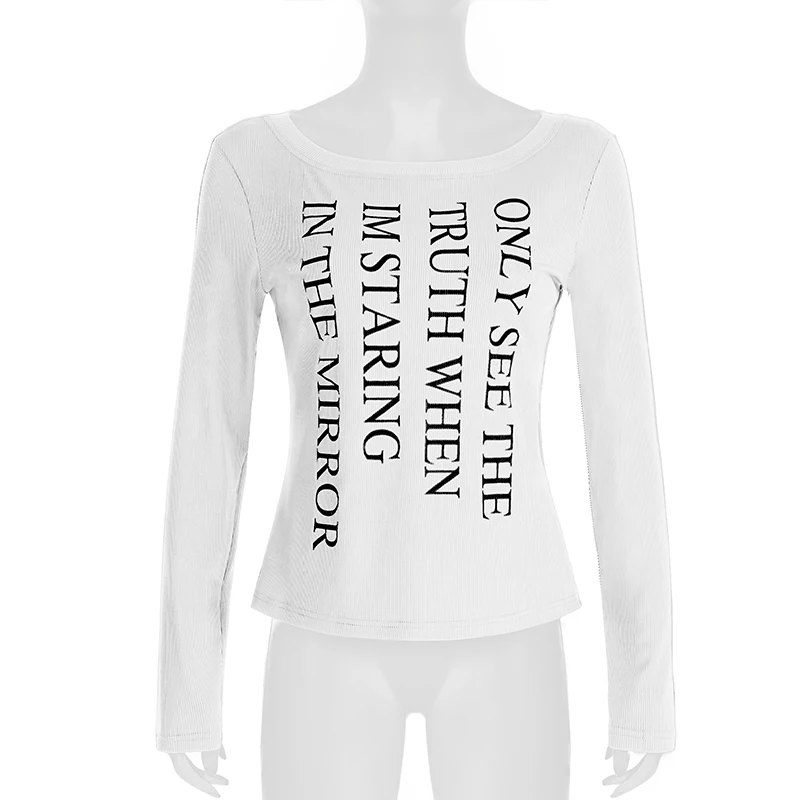 SUCHCUTE T-Shirt mit schrägem Kragen und Buchstaben-Aufdruck für Damen, elegante Langarm-T-Shirts, Y2k, sexy Streetwear-Tops, lässiges Outfit, Sommer-Chic – Detail 5