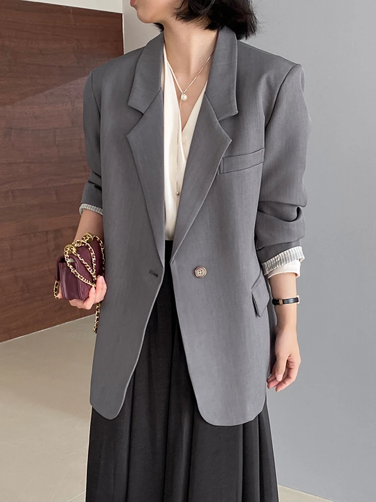 [LANMREM] Office Lady Loose Blazers For Women Notched Single Button Minimalism Female Jackets 2024 Autumn New Coat 26C403