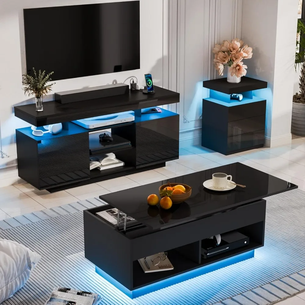 led lift top coffee table and tv stand set of 2,modern led entertainment center with power outlets for up to 55