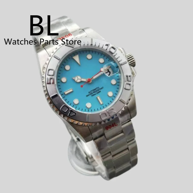 BLIGER 40mm Men's Watch NH35 Automaic Machenical Wristwatch Sapphire Glass Silver Bezel Blue Dial Red Second Hands Luminous