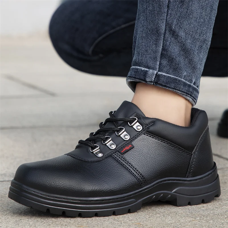 Black Leather Men Work Safety Shoes Steel Toe Cap Anti Smashing and Anti Piercing Construction Labor Protection Boot Footwear