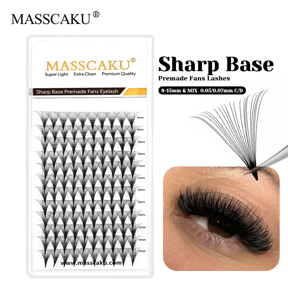 MASSCAKU C D Curl 0.05/0.07mm Thickness Soft 20D Narrow Root Thin Stem Eyelash Handmade Korea PBT Fiber Premade Fans Lash Trays