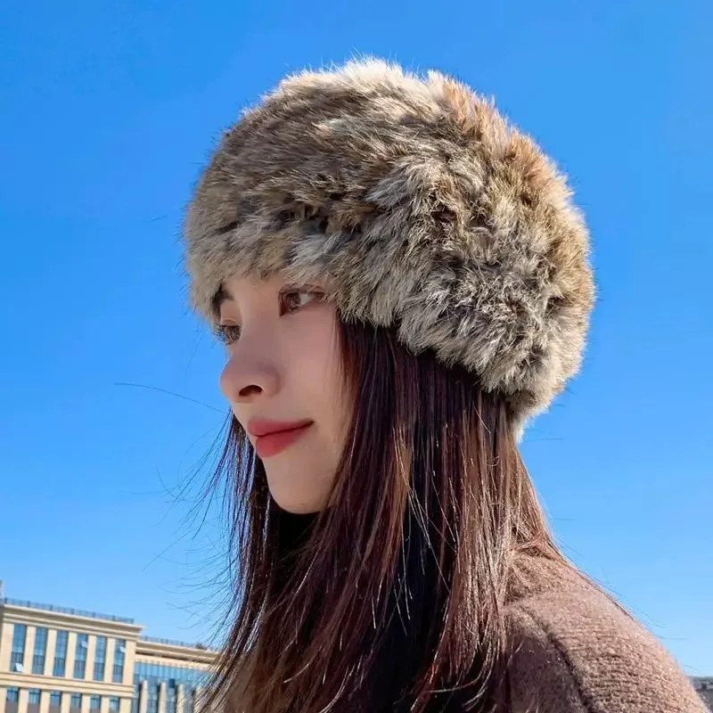 2024 New Winter Real Rabbit Fur Headbands Hat for Women Fur Hat Female Outdoor Thick Furry Warm Beanies Cold-proof Snow Ski Cap