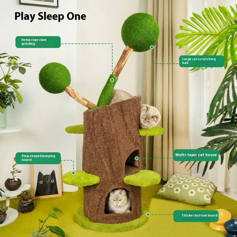 Small Solid Wood 4-Tier Cat Tree, Eco Durable, Space-Saving, Easy Assembly with Toys, Ideal for Apartments, Carton Packed
