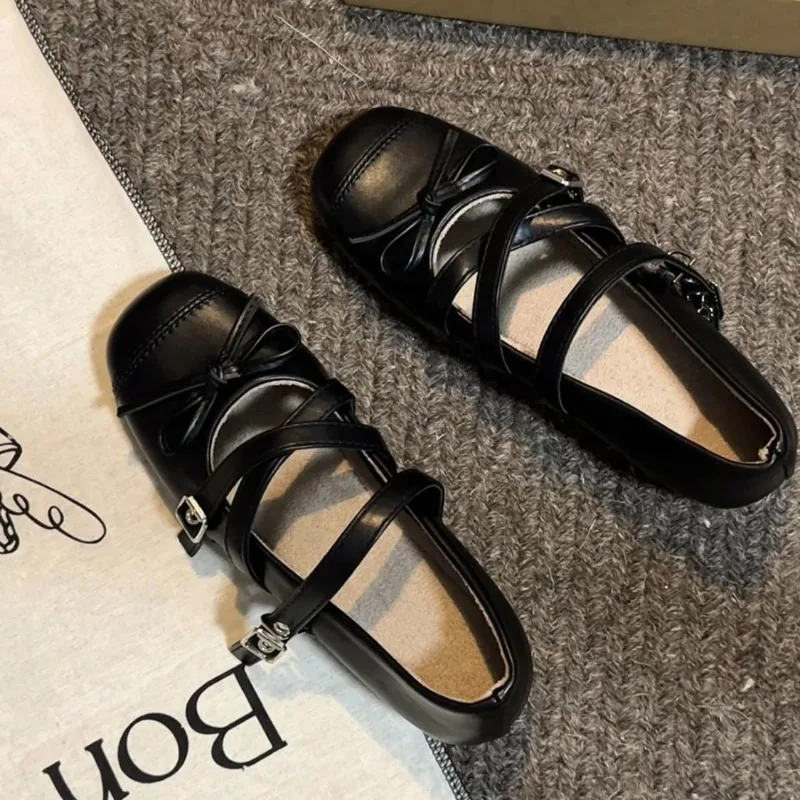 Women Mary Jane Flat Shoes Black Bow Design Cross Strap Comfortable Luxury Designer Women Shoes Vintage Style School Footwear view 3
