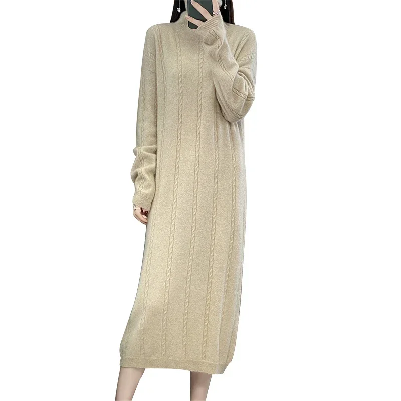 

Autumn Winter High Elasticity 100% Wool Thicken Sweater Dress Warm Basic Knit Pullover Women Slim Knitwear Female Casual Outwear