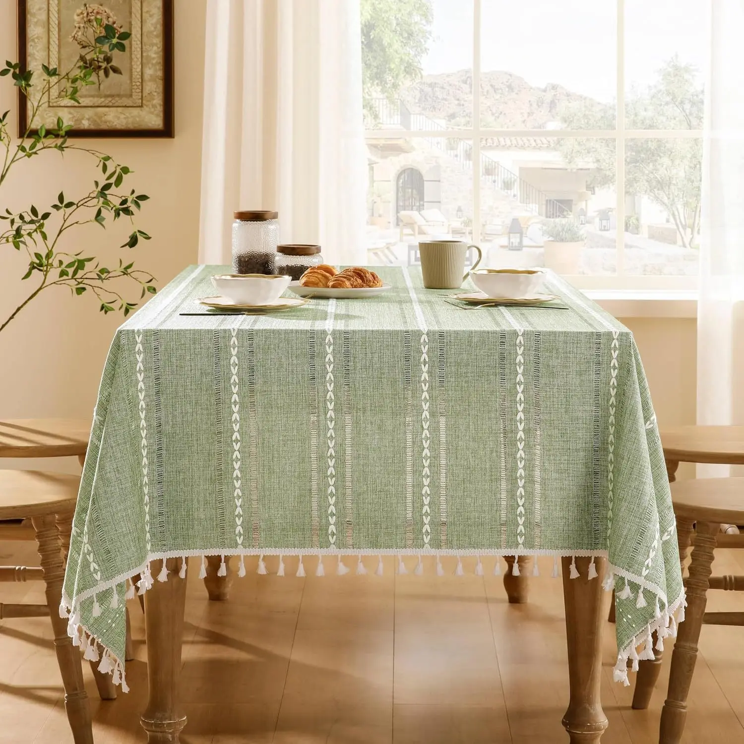 

Rustic Stripe Rectangle Tablecloth Tassel Cotton Linen Table Cloth Wrinkle Table Cover for Kitchen Dinning wedding Party Holiday