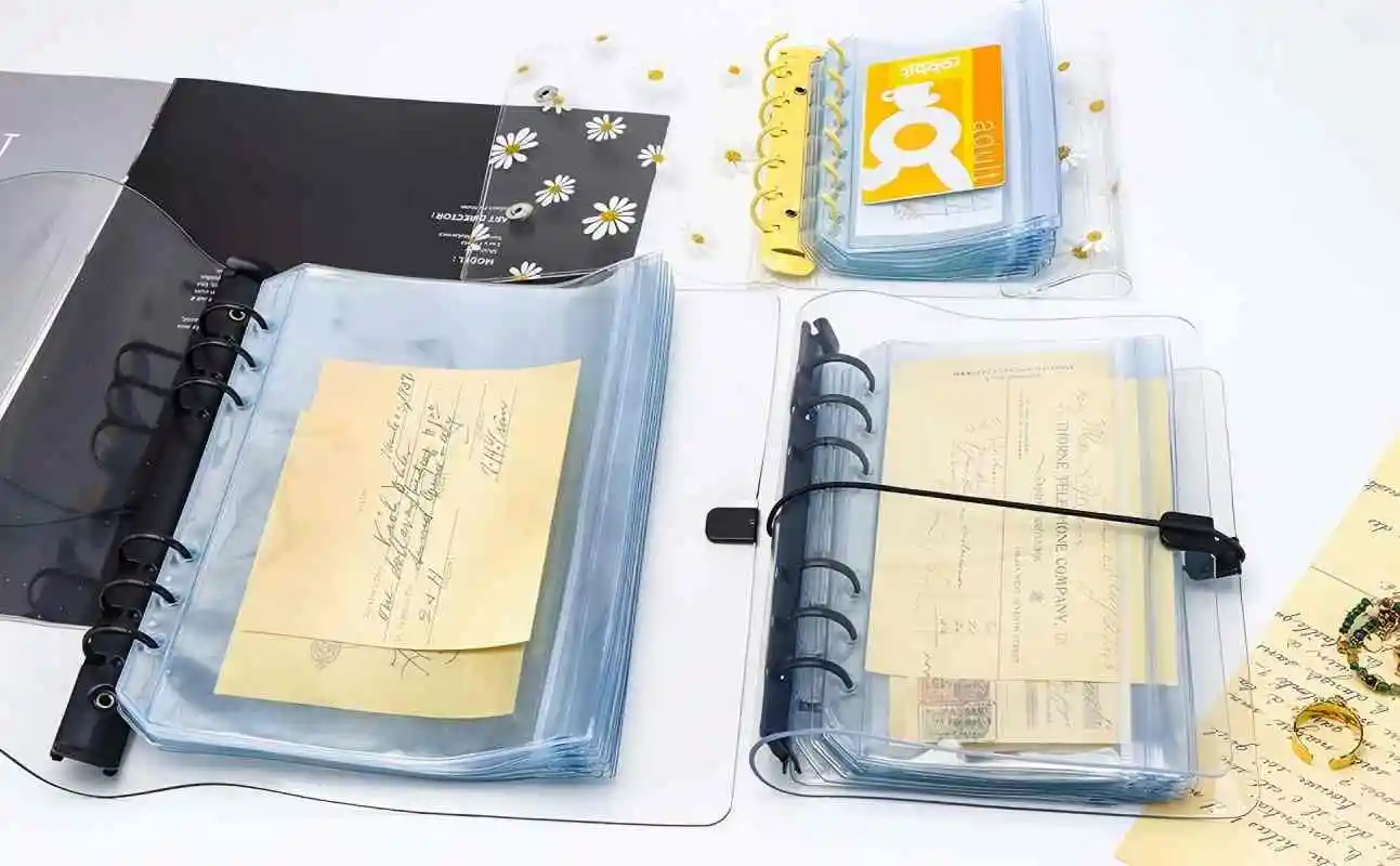 جديد 12 قطعة A5/A6/A7 جيوب الموثق واضح بولي كلوريد الفينيل 6 حفرة جيب مزدوج شقة ختم سستة مع الحقائب الجانبية المفتوحة ل 6 حلقة الموثق #6