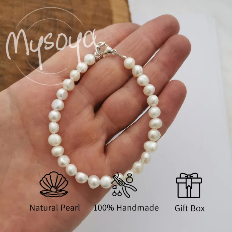 

MYSOYA 5-6mm Small Natural White Freshwater Pearl Bracelet For Women And Men With Gift Box Birthday Wedding Anniversary Gift