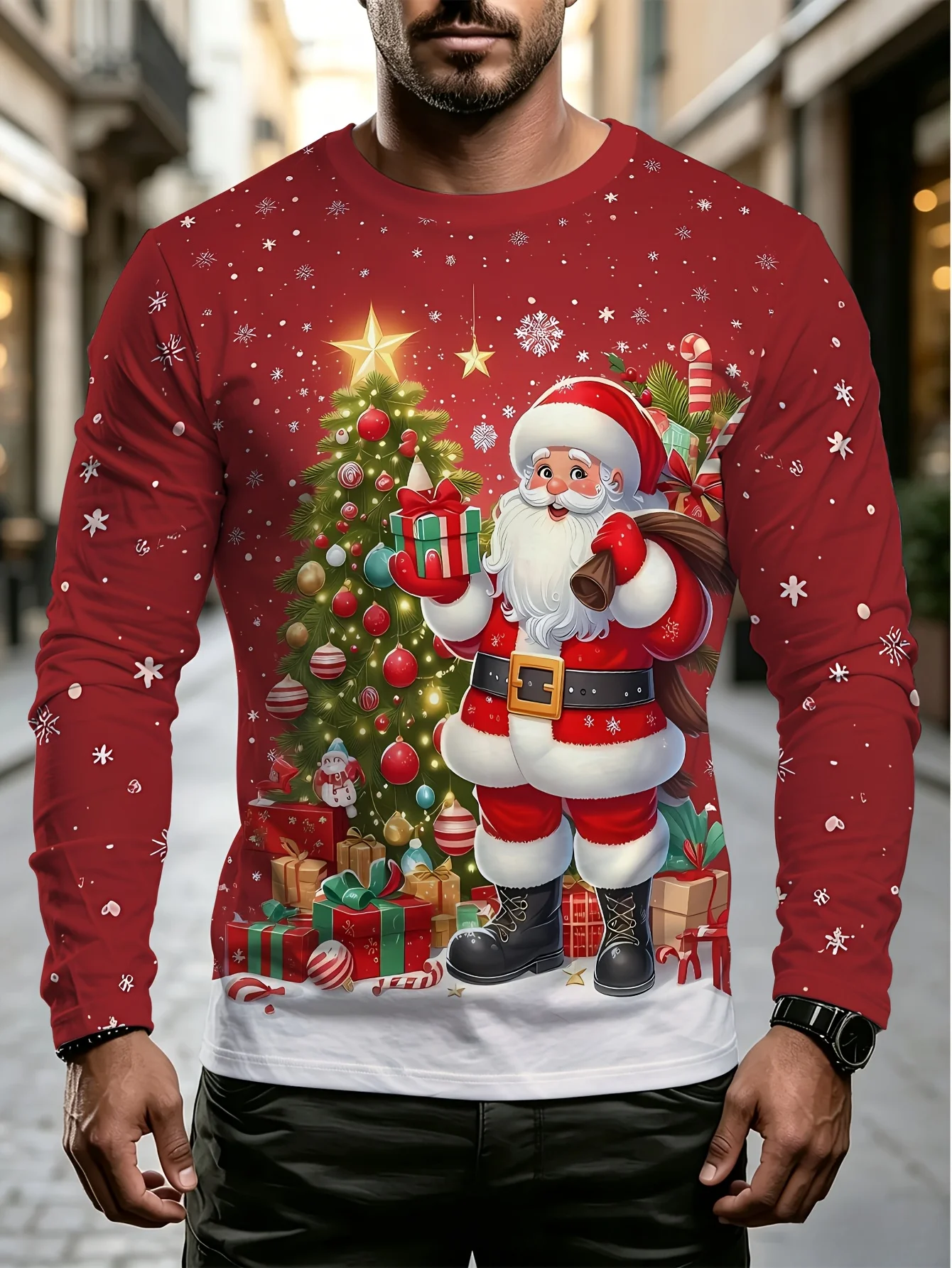 2026 Men Long Sleeve Tshirt Santa Christmas Tree Gift Snowflake 3D Print Holiday Party Casual Tops Men's Clothing