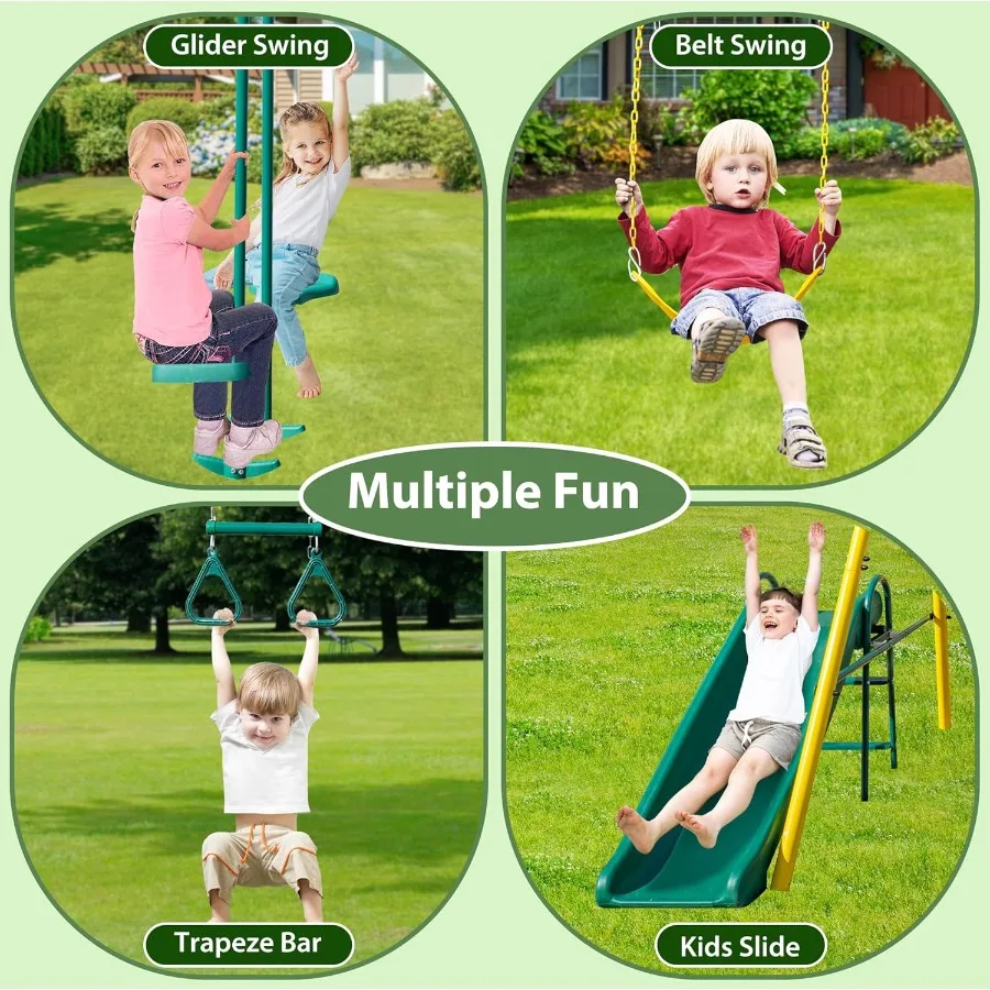 مجموعة أرجوحة معدنية شديدة التحمل 5 في 1 مع حزام أرجوحة شراعية وشريحة للاستخدام الخارجي وتصميم AFrame يدعم ما يصل إلى 500 رطل