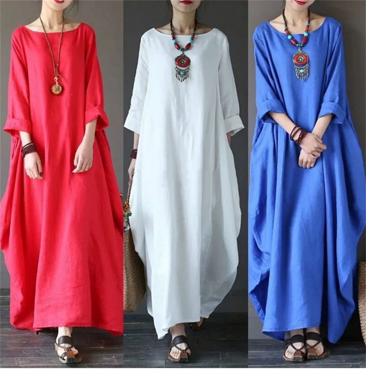 Women O-neck Loose Dresses Solid Color Seven Point Sleeve Casual Vestodis A-line Plus Size Elegant Fashion Commute Maxi Robe