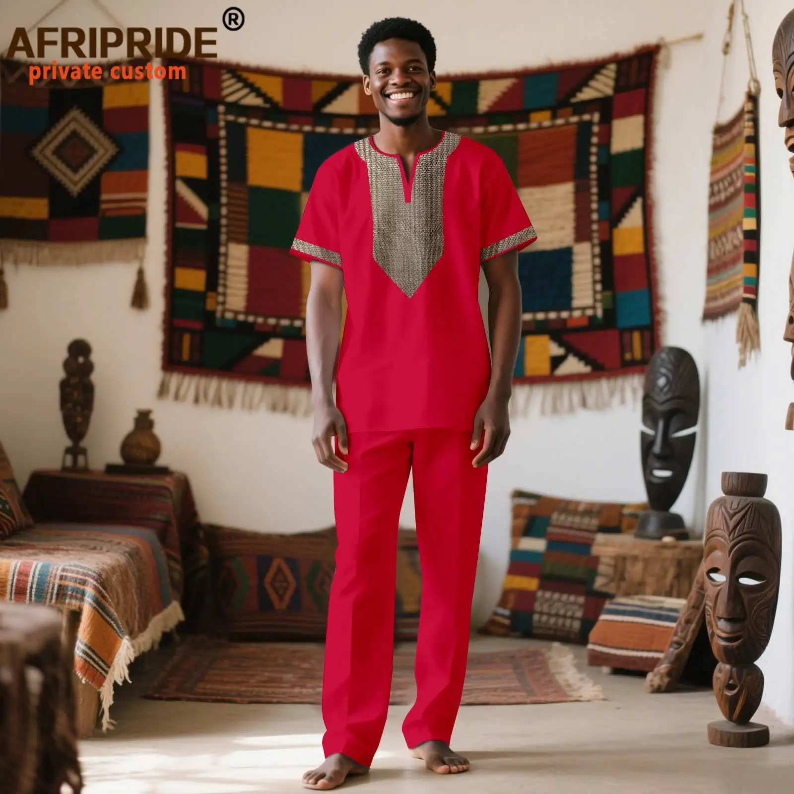 African Suits for Men Short Sleeve Embroidery Print Shirts and Pants 2 Piece Set Dashiki Outfits for Wedding Evening 2516062