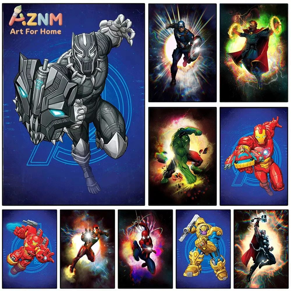 AZNM - Lienzo decorativo de pared con diseño de superhéroes de Los Vengadores, sin marco, con diseño de Black Widow, Capitán América, Hulk, Iron Man, Thor, personajes clásicos de Marvel