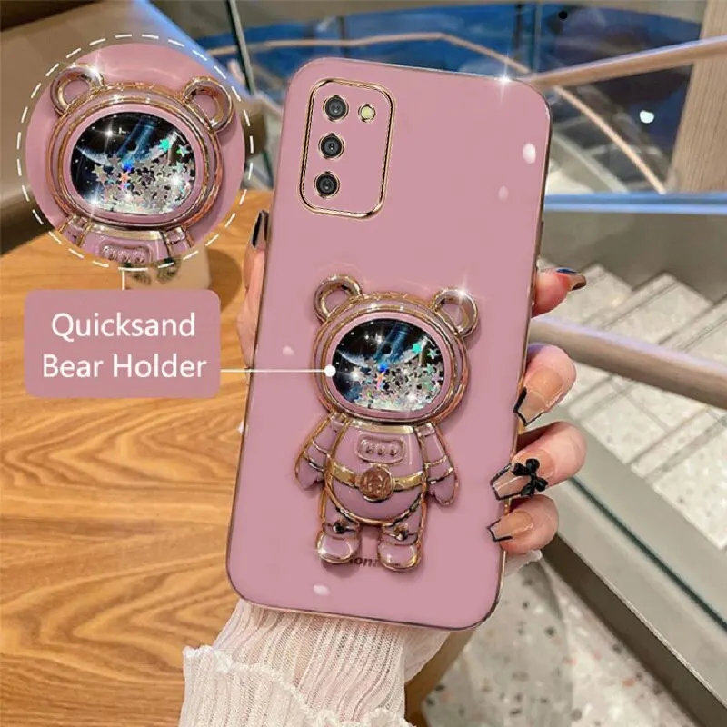 Phone Case For Samsung Galaxy A03S Soft Silicone Luxury Plating Cartoon Bear Fold Stand Phone Case Cover