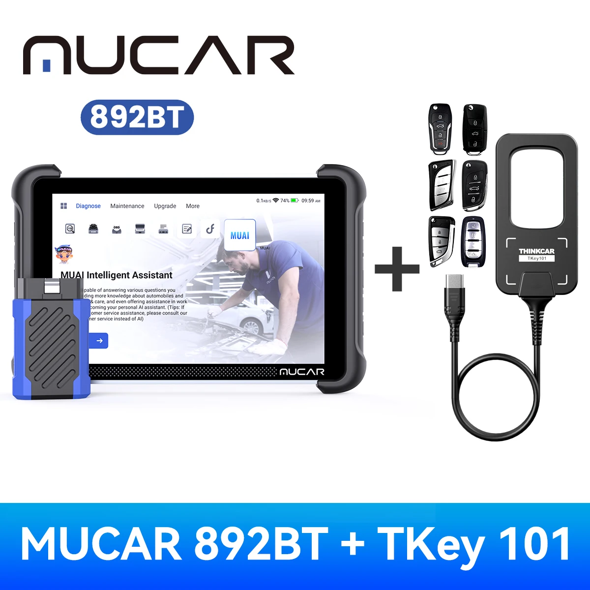 MUCAR 892BT with Tkey 101 OBD2 Diagnostic Tool All System Diagnosis  Key Programming Function CANFD DOIP Scanner 34 Reset Free