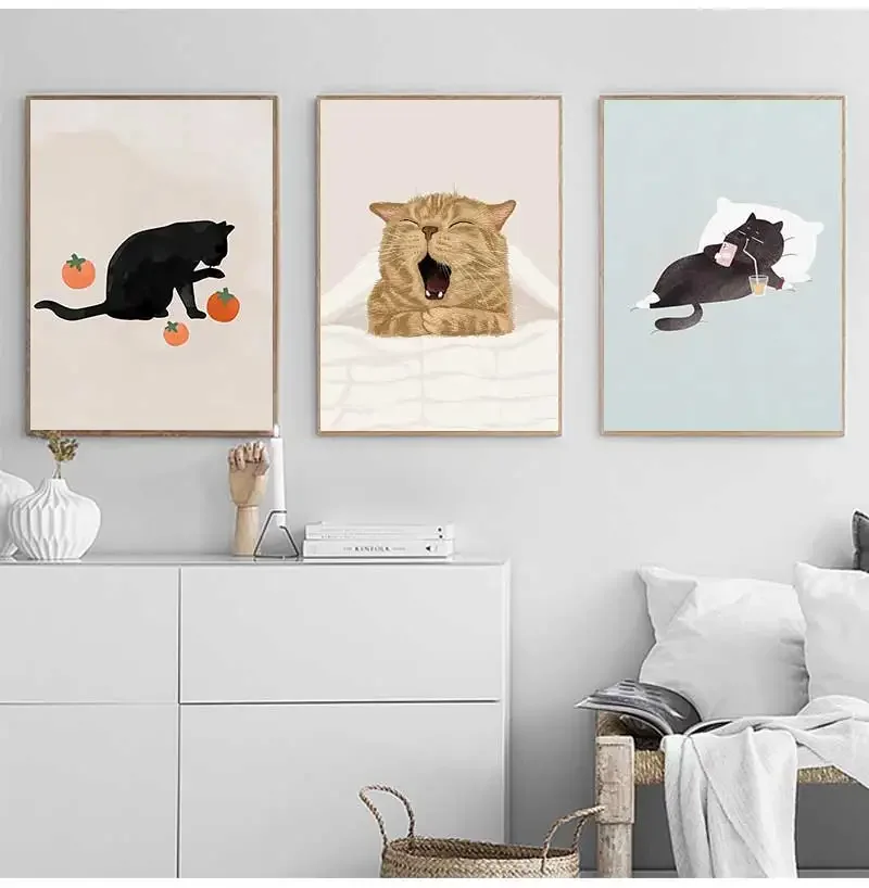 Modern Wall Painting Living Room Canvas Print Poster Cat Wine Pizza Animal Funny Art Pictures Nordic Modern