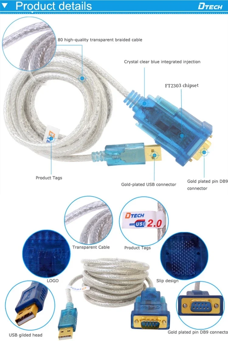 DTECH 3M Transparent Cable DB9 Pin USB 2.0 to RS232 Serial Converter Cable Support Win7/8