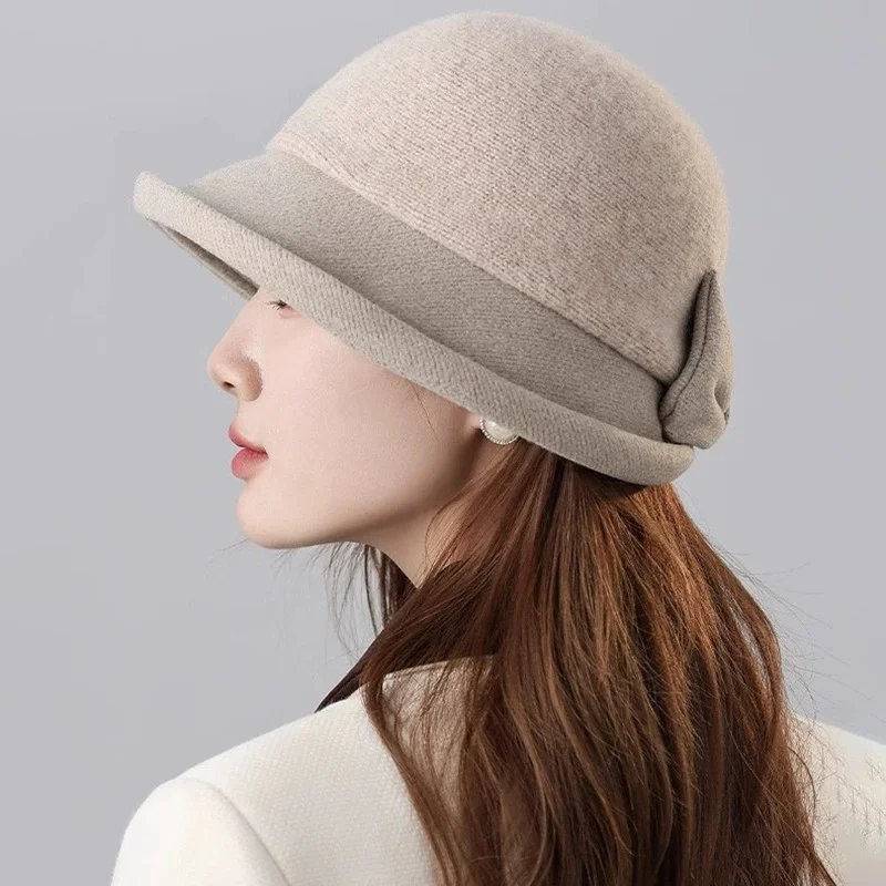 Women's Wool Patchwork Fisherman's Hat with Elegant Bow, Winter-Ready, Thickened, Warm, Cold-Protective, Ear-Covering Hat