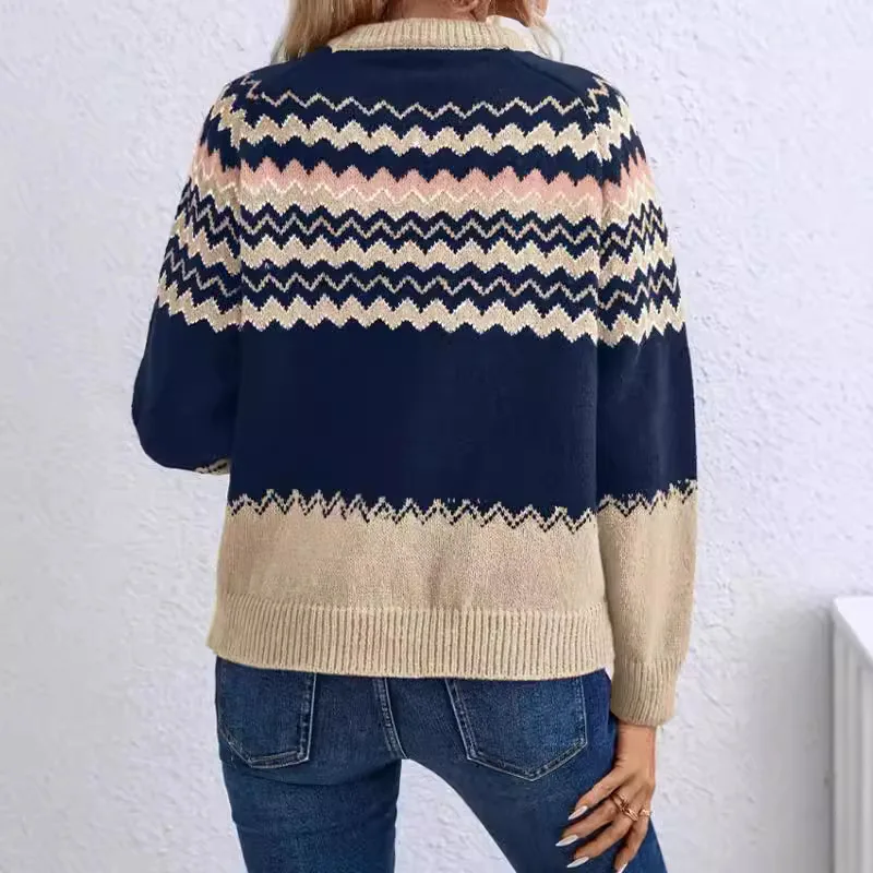 Sweater De Mujer Autumn Winter Round Neck Sweater Womens Fashion Pattern New Long Sleeved Striped Color Blocked Knitted Pullover