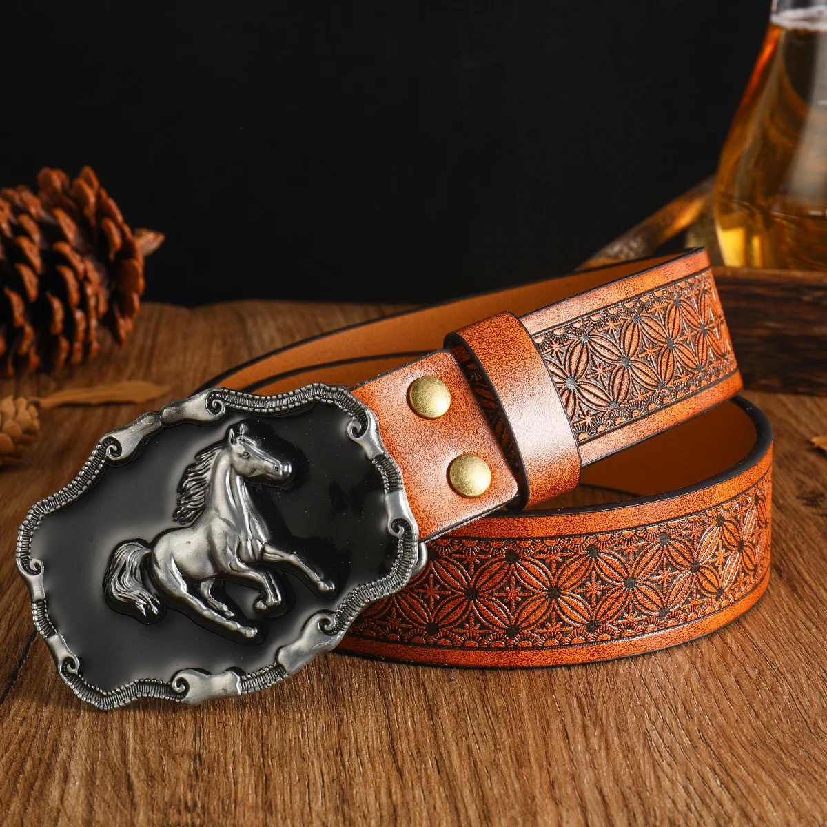 3.7cm wide men\'s and women\'s Western cow head denim style cow scalp buckle trendy belt smooth buckle pattern printing eye round hole style