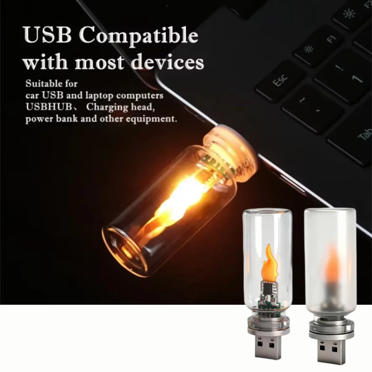 1x USB Flame Atmosphere Light Flickering LED Glass Warm Night Light Simulated Flame for Home Room Laptop PC Festival Decoration