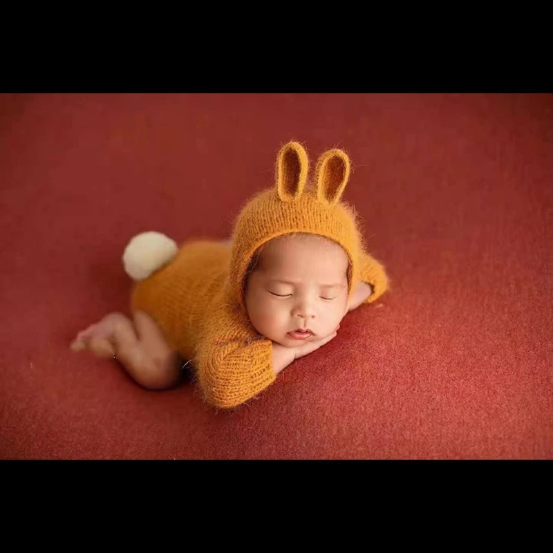 قبعة أرنب منسوجة يدويًا لحديثي الولادة ، إكسسوارات للتصوير الفوتوغرافي ، استوديو تصوير للأطفال ، إكسسوارات تصوير الطفل بالقمر الكامل #4