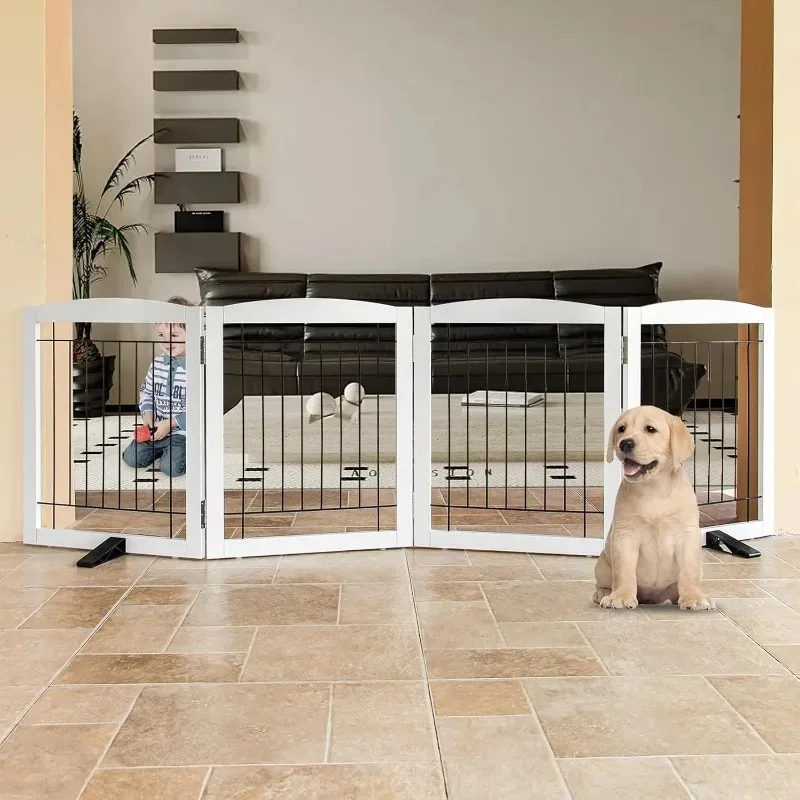 Dog Fence Indoor - 4-Panel Freestanding Dog Gate for Doorways, Hallways, House or Stairs -80x24-Inch Retractable Foldable