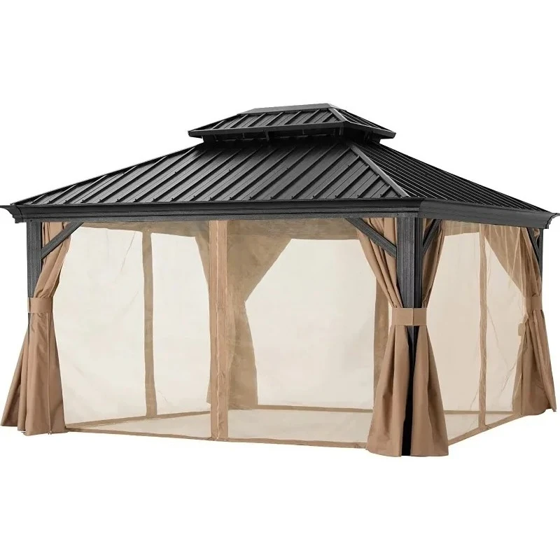 Double  Top Hardtop  Gazebo Outdoor Iron Metal Pergola  With Nettings Windproof  UV Resistant Weatherproof Garden Patio Backyard